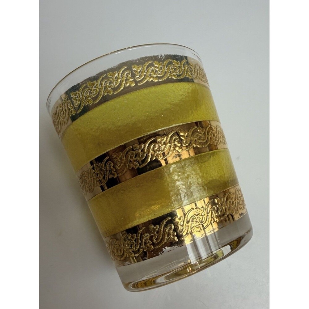 Vtg Culver Starlyte Glasses Yellow & 22K Gold Barware Rocks Tumblers Pair
